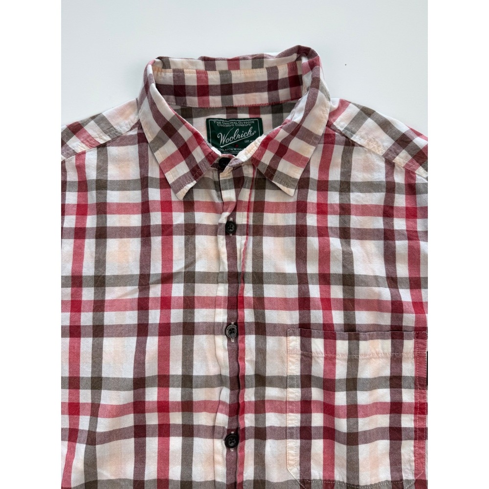 Woolrich Mens Large Plaid Short Sleeve Button Up Shirt Red Brown Tan Casual L